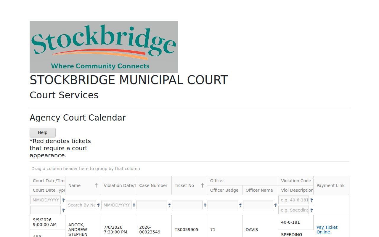 Stockbridge Municipal Court public calendar interface