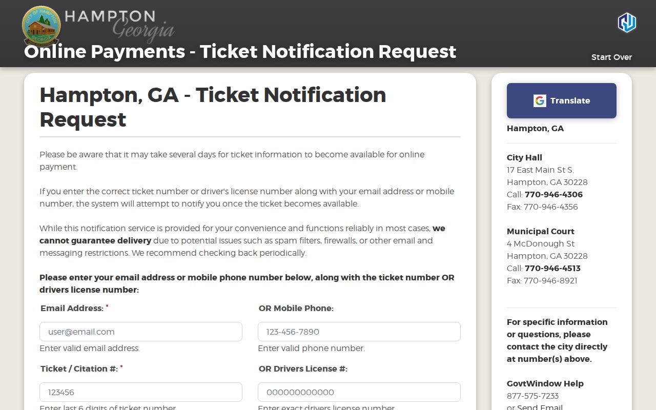 Hampton municipal ticket notification form